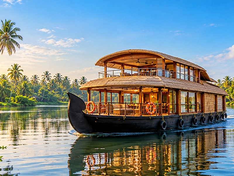 Bedroom, lounge and sun deck facilities on a Nileshwar houseboat
