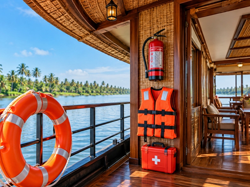 Life jackets and safety equipment on a Nileshwar houseboat