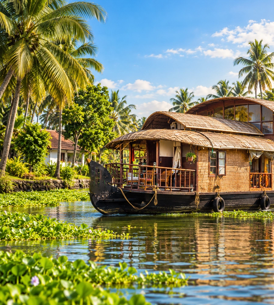 Traditional houseboat cruising the Nileshwar backwaters past coconut groves