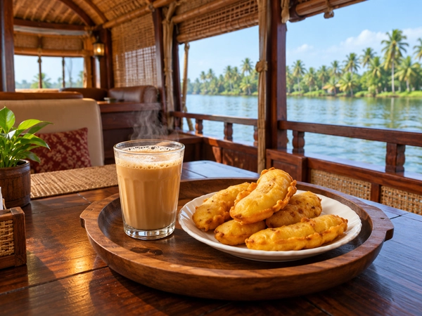 Evening tea with banana fritters on a houseboat deck