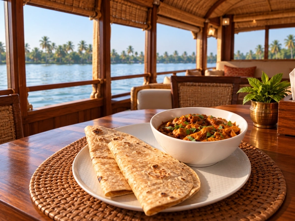 Chapati and chicken curry dinner on a Nileshwar houseboat