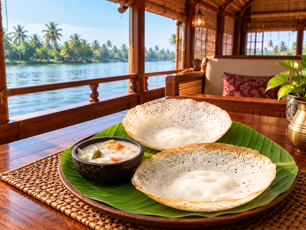 Kerala breakfast with appam and curry on a houseboat