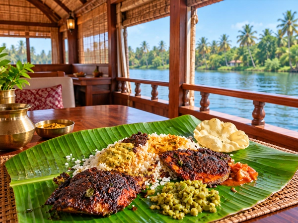 Kerala lunch with rice, curries and fish fry on a houseboat