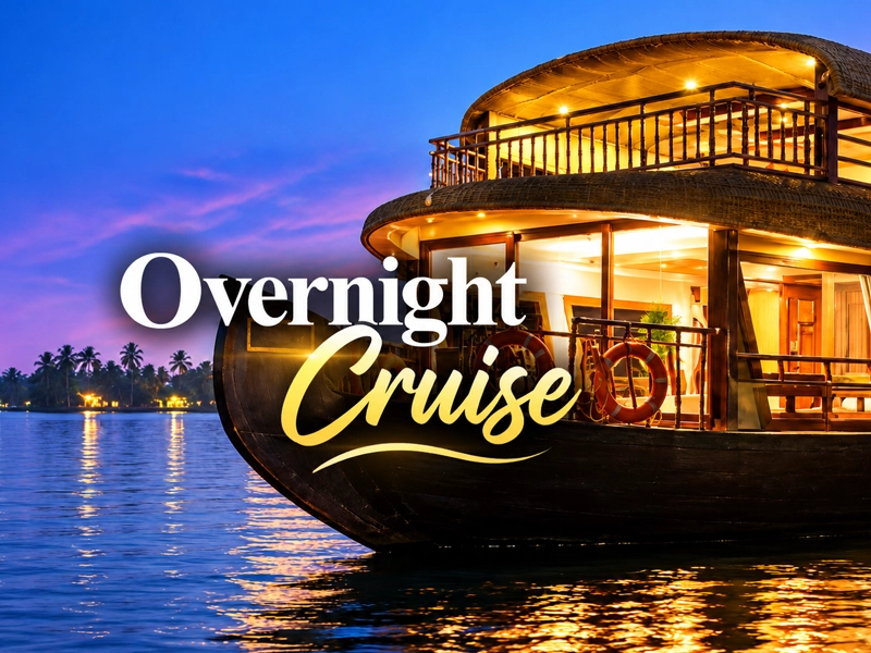 Overnight houseboat cruise anchored on the Nileshwar backwaters at dusk