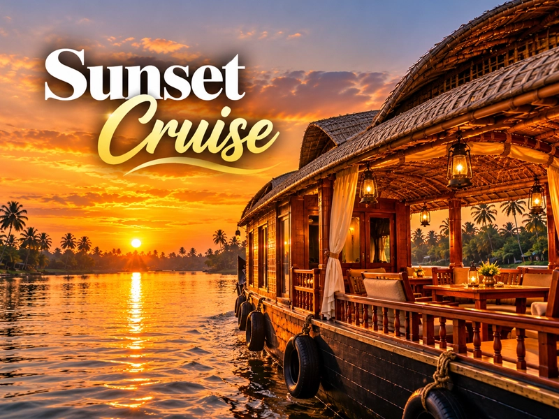 Houseboat cruising the Nileshwar backwaters at sunset